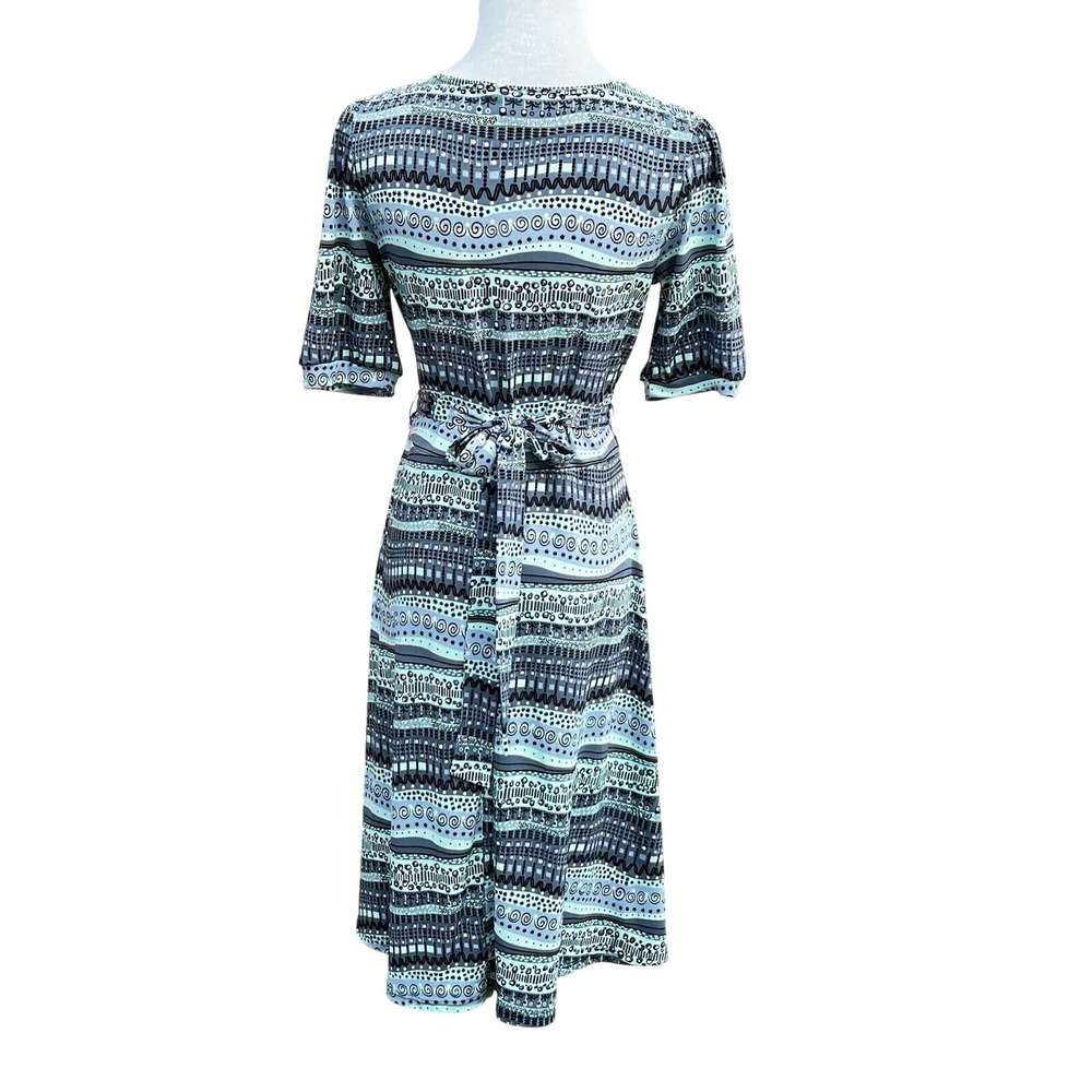 B Moss Vtg Dress Faux Wrap Abstract Stripe Gray Green Stretch Boho Chic Office - Picture 4 of 9